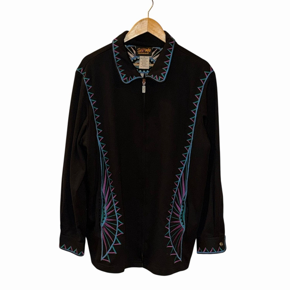 Bob Mackie Wearable Art Jacket Embroidered Moon Sunrise Womens XL Black Purple - Picture 2 of 11